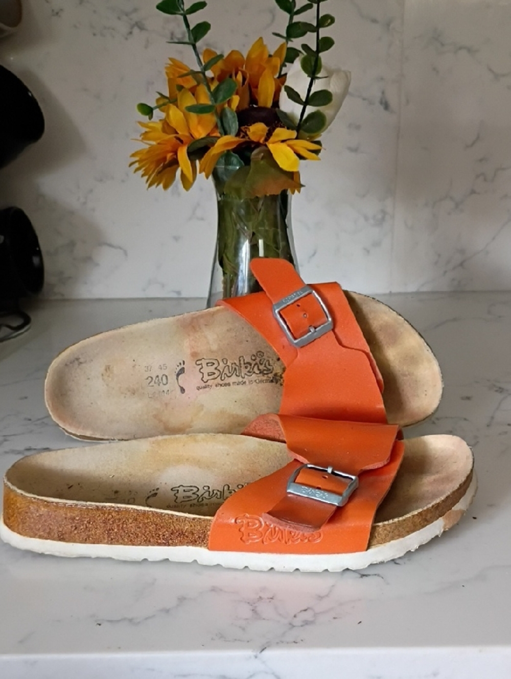 BIRKIS Birkenstock Orange Two-Buckle Slide Sandals for Women
